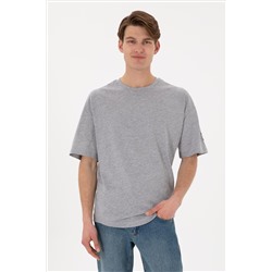 Erkek Long Fit Bisiklet Yaka Gri Melanj Basic Tişört