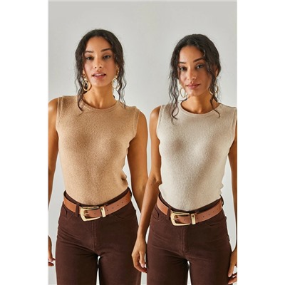 Olalook, Kadın Taş Camel Bisiklet Yaka Şardonlu 2'li Paket Bluz BLZ-19002401