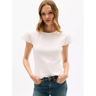 Mixed Media Shirred Cap-Sleeve T-Shirt