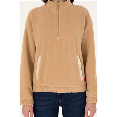 Kadın Kum Dik Yaka Fermuarlı Polar Sweatshirt