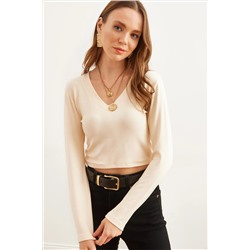 Olalook, Kadın Bej V Yaka Soft Touch Esnek Bluz BLZ-19002767