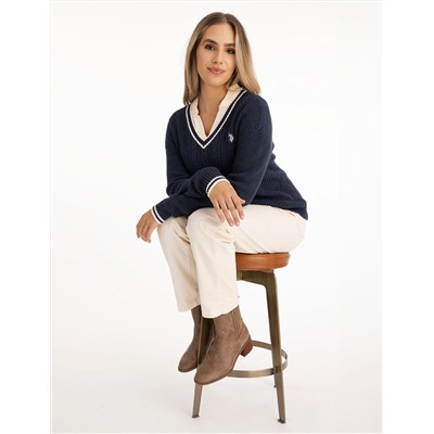 TIPPED CABLE V-NECK SWEATER