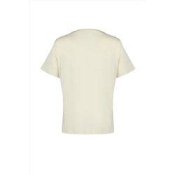 Bej Bisiklet Yaka Metalik Baskılı %100 Pamuk Örme T-Shirt TBBSS22TS2287