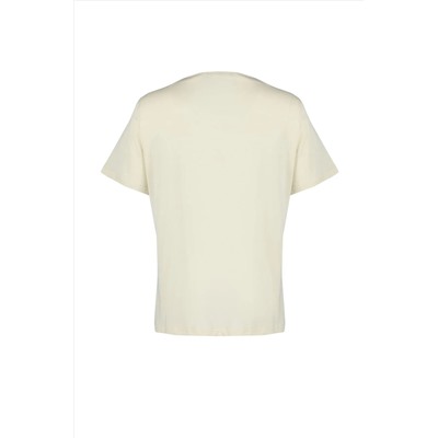Bej Bisiklet Yaka Metalik Baskılı %100 Pamuk Örme T-Shirt TBBSS22TS2287