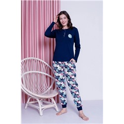 AHENGİM Woman Kadın Pijama Takımı Genç Yaprak Basklı Paça Ribanalı Pamuklu Mevsimlik W20482255 1-2-10001196