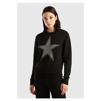 United Colors of Benetton Kadın Siyah Kaşmir Karışımlı Lurex Yıldız Desenli Kazak 123A1135E107A