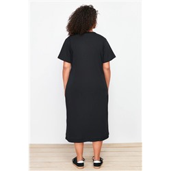 Siyah Nakış Detaylı Örme Maxi/Uzun %100 Pamuk T-shirt Elbise TBBSS24AH00084