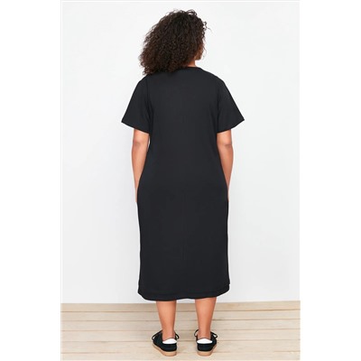 Siyah Nakış Detaylı Örme Maxi/Uzun %100 Pamuk T-shirt Elbise TBBSS24AH00084