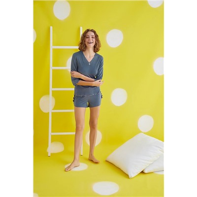 ZEY 30424 Kadın Bisiklet Yaka Baskılı Şort Takım