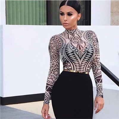 Aztec Print Mesh Long Sleeves Bodysuit