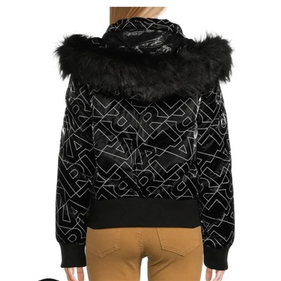Karl Lagerfeld Paris Logo Faux Fur Trim Hooded Down Jacket