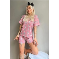Pijamaevi Pembe Capped Tavşan Baskılı Şortlu Kadın Pijama Takımı 2349