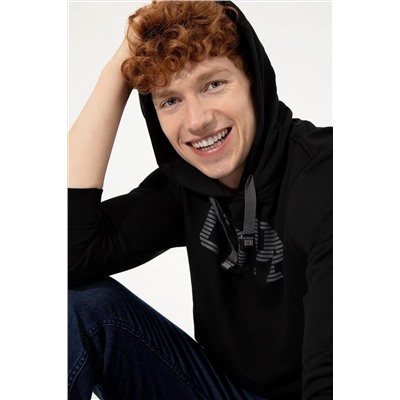 Erkek Siyah Kapüşonlu Basic Sweatshirt