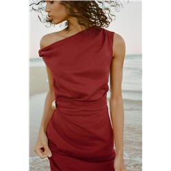 LINEN BLEND DRAPED MIDI DRESS