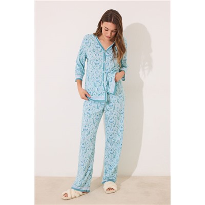 Pijama largo 100% algodón verde estampado flores