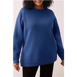Indigo Kalın İçi Polarlı Yırtmaçlı Oversize/Bol Kesim Örme Büyük Beden Sweatshirt TBBAW24AO00003