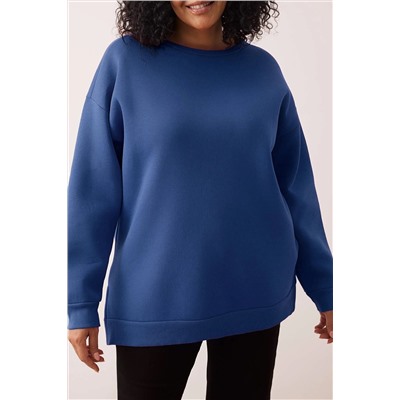 Indigo Kalın İçi Polarlı Yırtmaçlı Oversize/Bol Kesim Örme Büyük Beden Sweatshirt TBBAW24AO00003