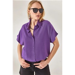Olalook, Kadın Mor Yarasa Oversize Keten Gömlek GML-19001109