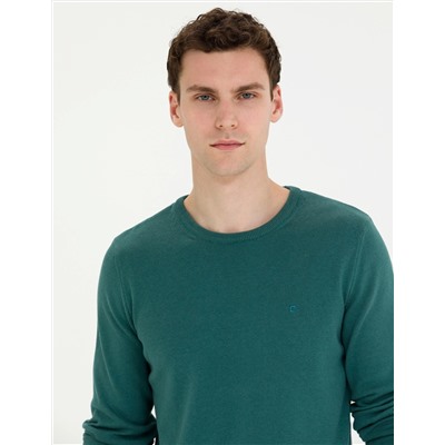 Yeşil Slim Fit Bisiklet Yaka Basic Triko Kazak
