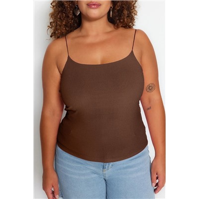 Kahverengi Spagetti Askılı Crop Fitilli Örme Büyük Beden Bluz TBBSS23AF00013