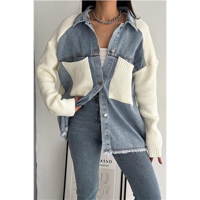 FEMELLE Kadın Beyaz Kolları Ve Cebi Trikolu Oversize Denim Kot Garnili Hırka 14113