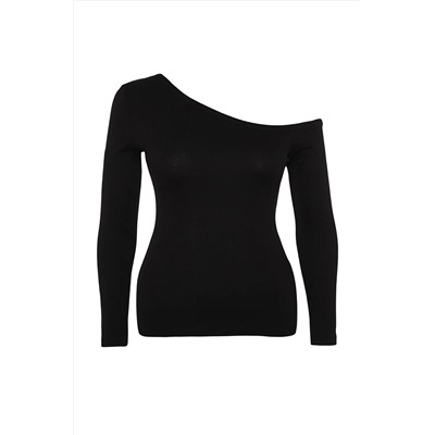 Siyah Fitted/Vücuda Oturan Omzu Açık Fitilli Pamuklu Esnek Örme Bluz TBBAW24AF00002