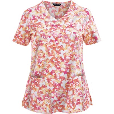 Zoe + Chloe Scrubs Fly, Pretty Butterfly Mock Wrap Print Top
