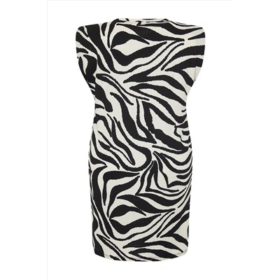 Siyah Zebra Baskılı Mini Örme Büyük Beden Elbise TBBSS24AH00142