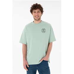 Erkek Oversize Fit Bisiklet Yaka Su Yeşili Tişört