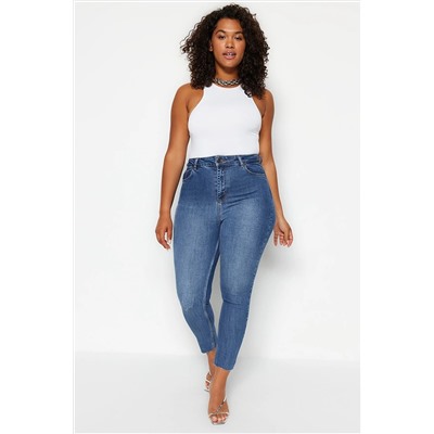 Trendyol Curve Mavi Yüksek Bel Destroy Detaylı Esnek Skinny Jeans TBBSS23CJ00012
