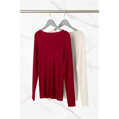 Bordo-Ekru 2'li Paket V Yaka Fitted/Vücuda Oturan Pamuklu Esnek Örme Bluz TBBAW26AF00018