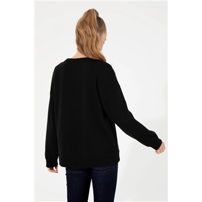 Kadın Siyah Bisiklet Yaka Sweatshirt