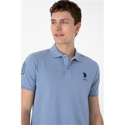 Erkek Slim Fit Polo Yaka Mavi Basic Tişört