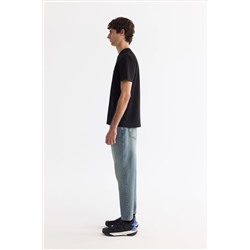 Siyah Bisiklet Yaka Baskılı Elastan T-Shirt
