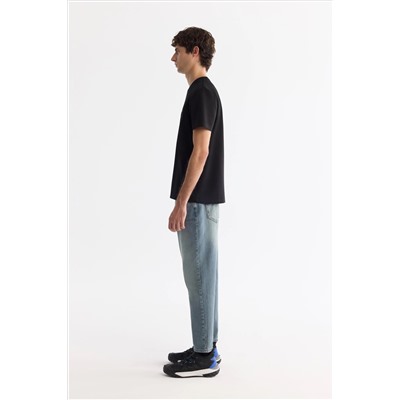 Siyah Bisiklet Yaka Baskılı Elastan T-Shirt