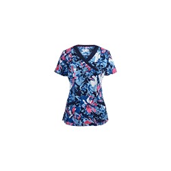 White Cross Scrubs Denim Garden Print Top