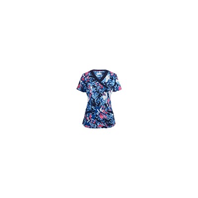 White Cross Scrubs Denim Garden Print Top