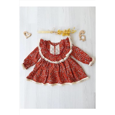 ikokokids Hardal Çiçekli Dantel Detaylı Elbise NB.TC.DD.E