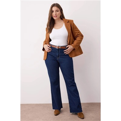 Koyu Mavi Yüksek Bel Paçası Kesikli Straight Fit Denim Büyük Beden Jeans TBBAW26CJ00033
