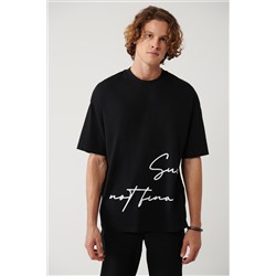 Siyah %100 Pamuk Bisiklet Yaka Baskılı T-Shirt