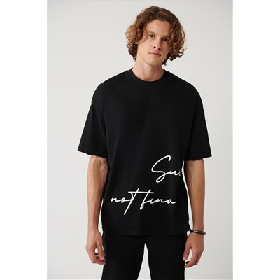 Siyah %100 Pamuk Bisiklet Yaka Baskılı T-Shirt