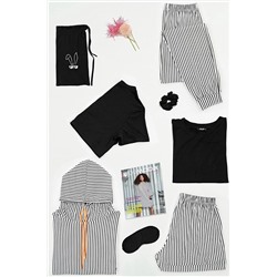 FOR YOU MODA 8'li Kapşonlu Çizgili Coton Beyaz Pijama Tk S26774
