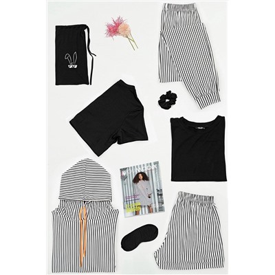 FOR YOU MODA 8'li Kapşonlu Çizgili Coton Beyaz Pijama Tk S26774