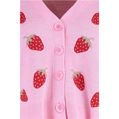 Pembe Çilek Desenli V Yaka Crop Triko Hırka TBBAW23AV00028