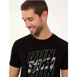 Siyah Slim Fit Baskılı Bisiklet Yaka Tişört