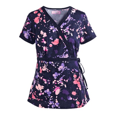 koi Scrubs Denim Splash Mock Wrap Print Top