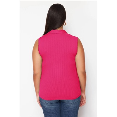 Pembe Fitted/Vücuda Oturan Polo Yaka Esnek Örme Büyük Beden Bluz TBBSS24AF00065