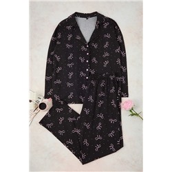 Antrasit Kurdele/Fiyonk Baskılı Gömlek Yaka Örme Pijama Takımı TBBAW23AI00019