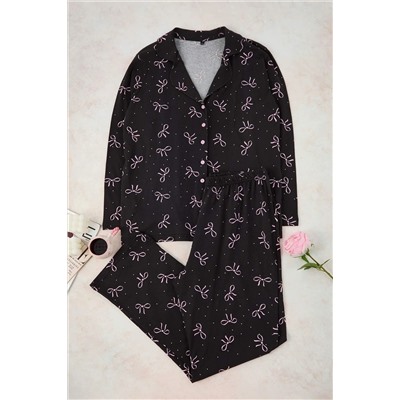 Antrasit Kurdele/Fiyonk Baskılı Gömlek Yaka Örme Pijama Takımı TBBAW23AI00019