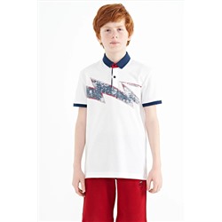 TOMMY LIFE, Beyaz Baskı Detaylı Standart Kalıp Polo Yaka Erkek Çocuk T-shirt - 11154